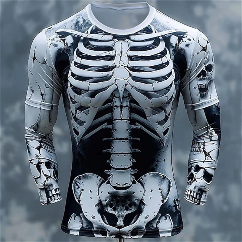 3D Printing Custom - เสื้อยืดลายโครงกระดูกและกะโหลก 3D พิมพ์ลาย แขนยาว สำหรับผู้ชาย เสื้อแฟชั่นลำลอง
